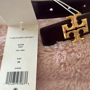 New Tory Burch Glazed Leather Logo Belt in Fig